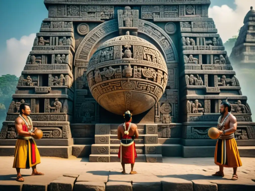 Escena de juego de pelota maya con ofrendas y sacrificios en mayas