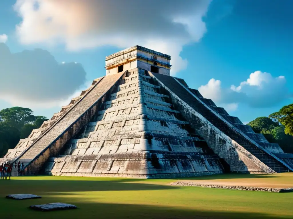 Escena mágica en Chichen Itza: Arquitectura maya iluminada por solsticio, serpiente de sombra desciende escaleras con visitantes maravillados