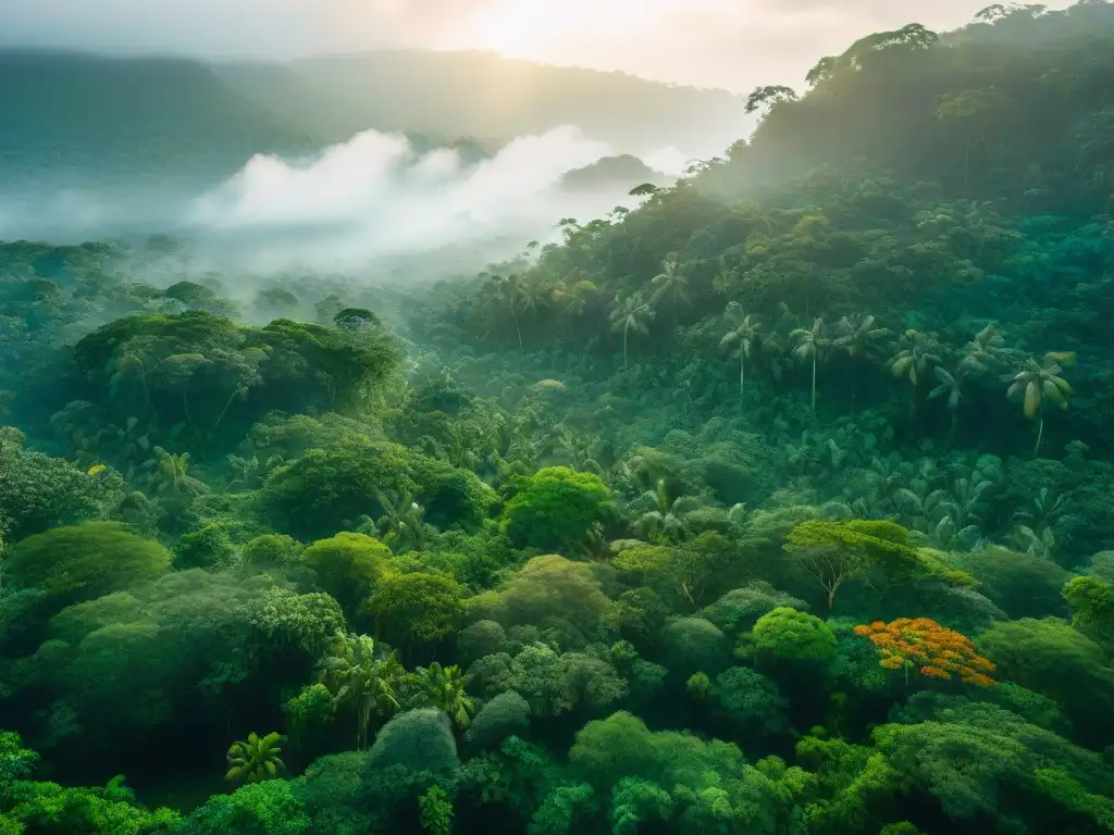 Escena mágica de la naturaleza maya con espíritus guardianes interactuando con animales en la selva al amanecer