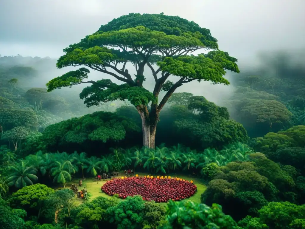 Una escena mágica en la selva maya con un árbol de zapote negro y la comunidad maya recolectando frutas