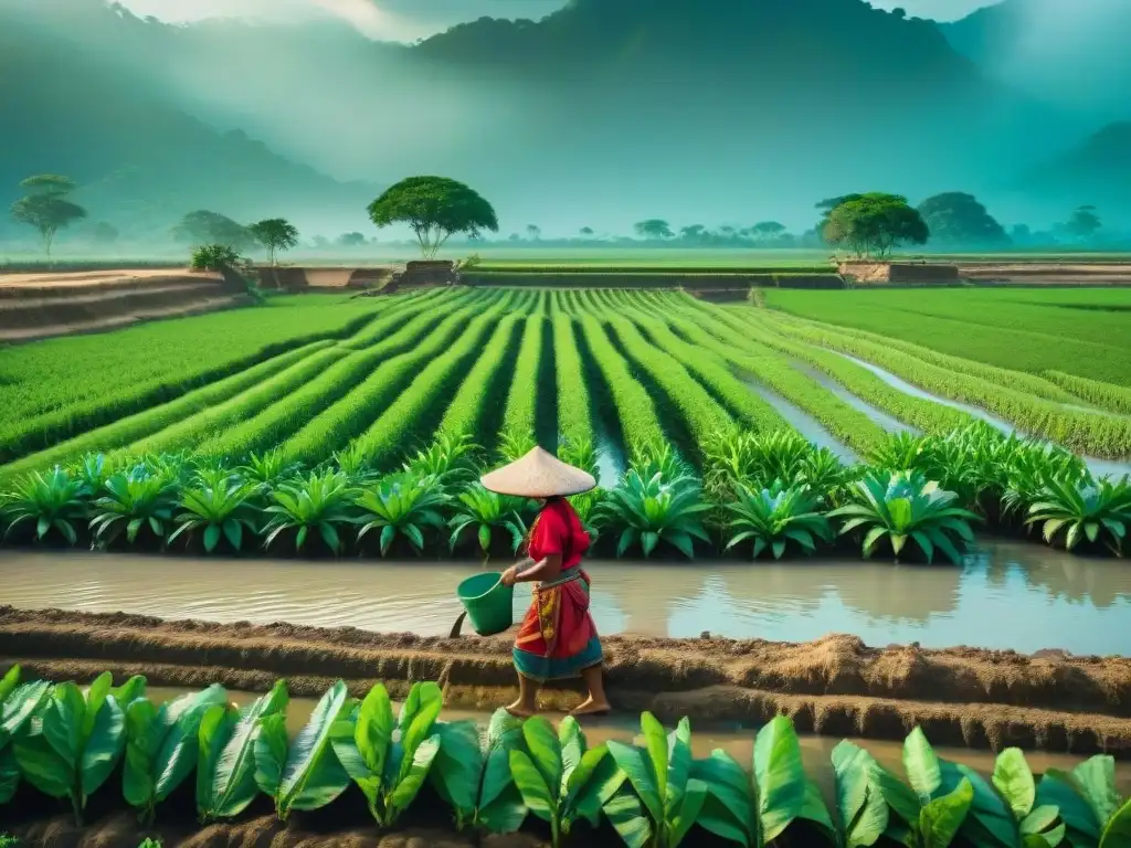 Una escena maya ancestral de agricultores usando técnicas mayas de irrigación agrícola en un campo exuberante