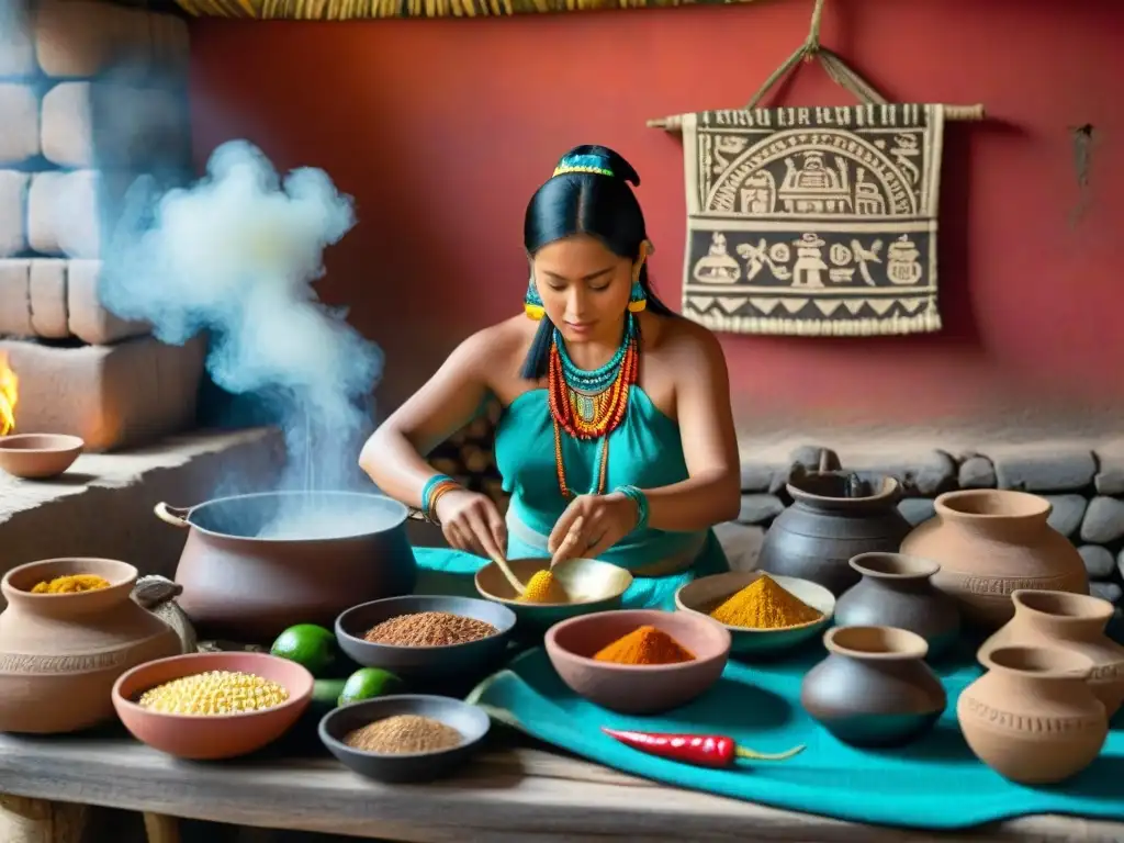 Escena maya ancestral: mujeres cocinan con ingredientes tradicionales, ollas de barro, textiles coloridos y libros de recetas