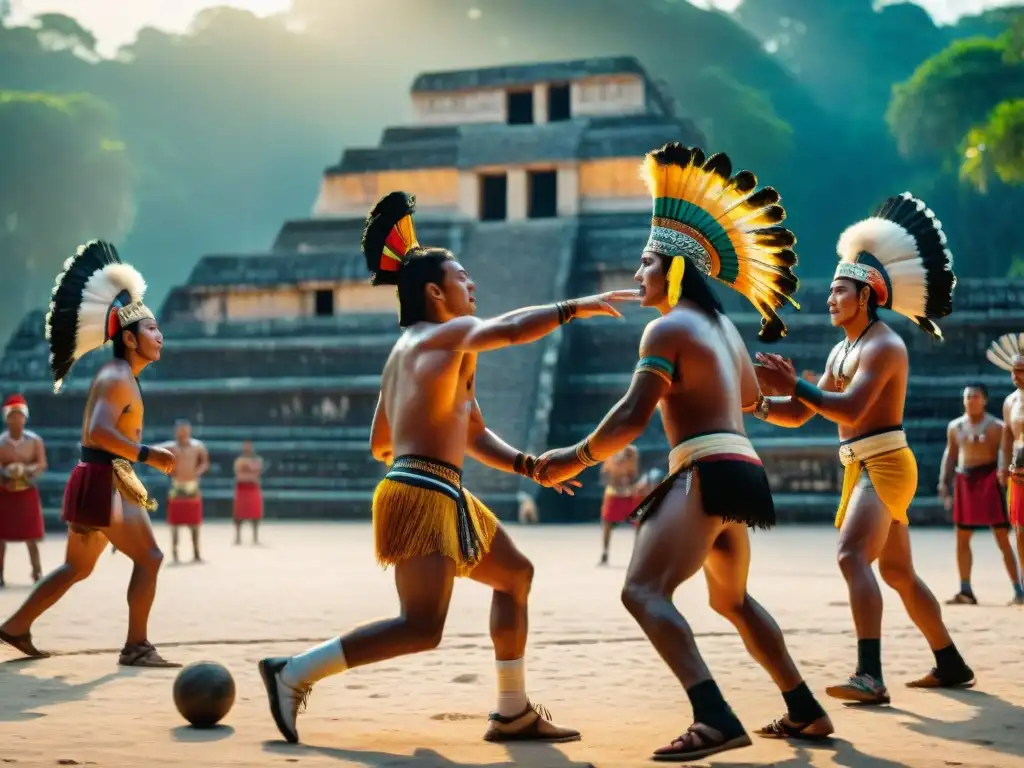 Escena maya: atletas juegan en la cancha de piedra, templos altos y espectadores