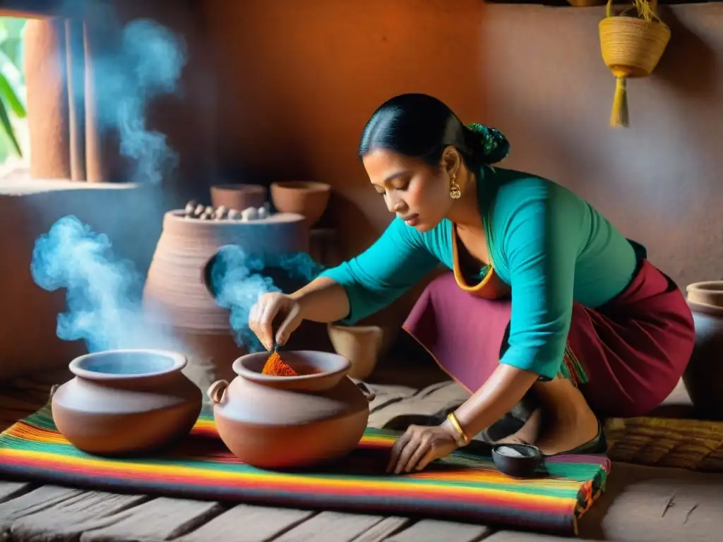 Una escena maya auténtica: mujer preparando recetas antiguas de cocina maya en cocina tradicional con ollas de barro y especias coloridas