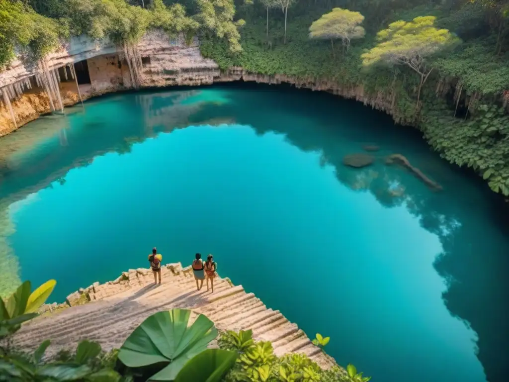 Escena maya: cenote cristalino rodeado de vegetación, con indígenas en armonía con la naturaleza