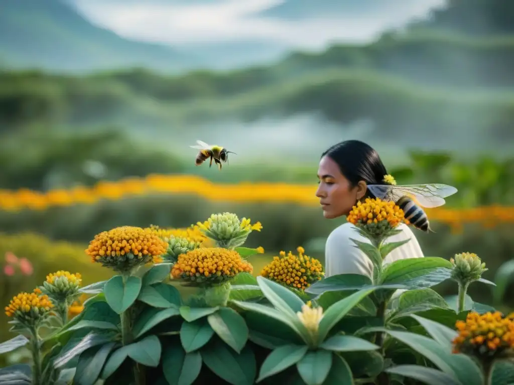 Escena maya: polinización entre insectos y plantas, con agricultor y colores vibrantes, resaltando herencia