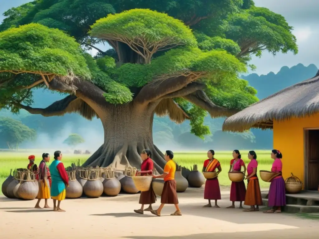 Escena maya: intercambios culturales en la civilización maya bajo un ceiba majestuoso