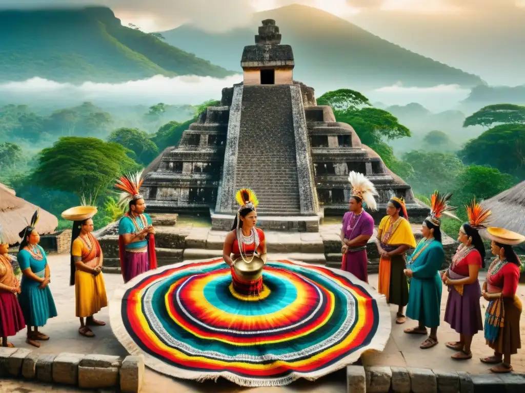 Una escena maya ritual con prácticas culturales de solidaridad comunitaria: danza, textiles y ruinas antiguas