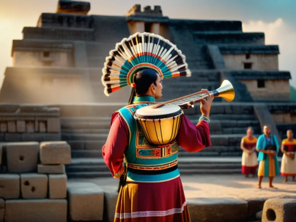 Escena maya con Teponaztli tallado, instrumentos de percusión maya tradicionales y ruinas antiguas iluminadas por el sol dorado