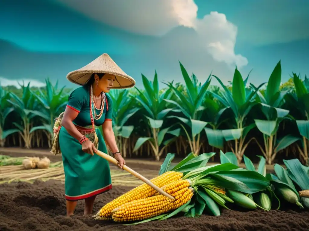 Una escena maya tradicional muestra agricultores cultivando maíz en un campo exuberante