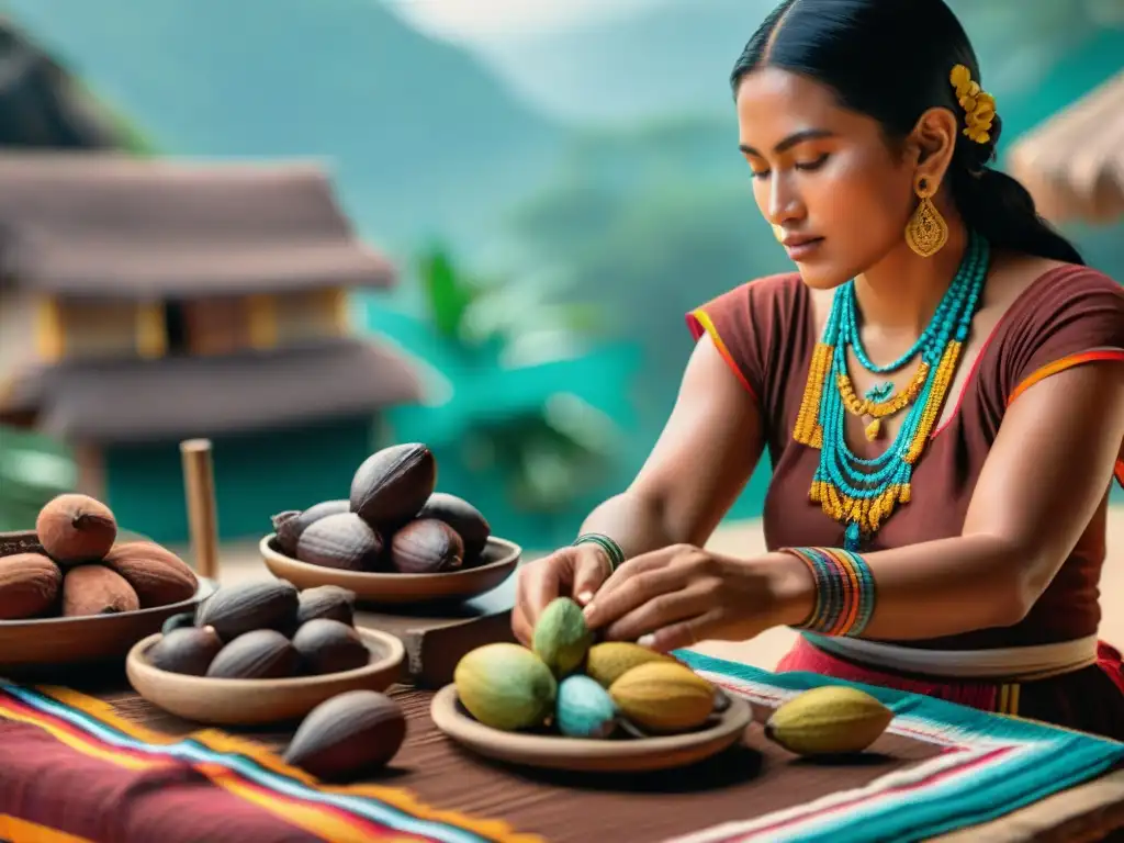 Escena maya vibrante con mujeres preparando cacao