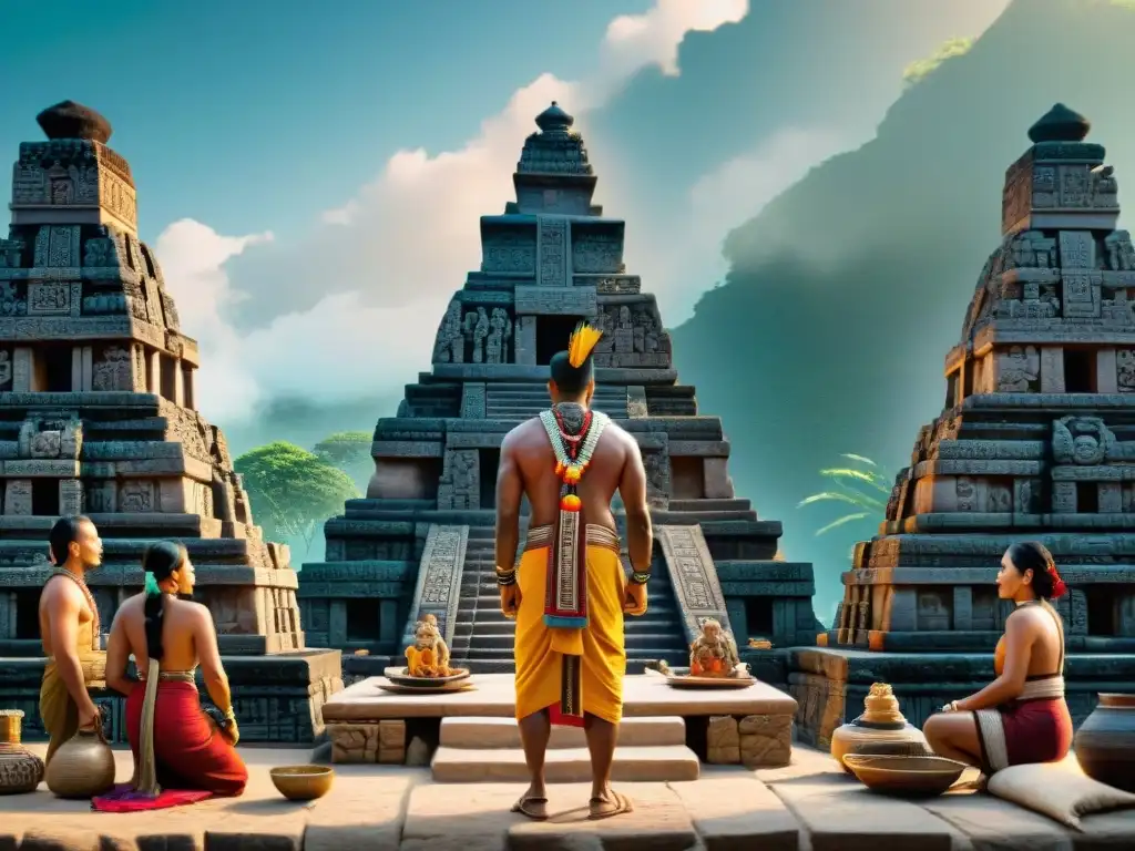 Escena de mercado maya con influencia de rituales religión comercio, templo de piedra y textiles vibrantes