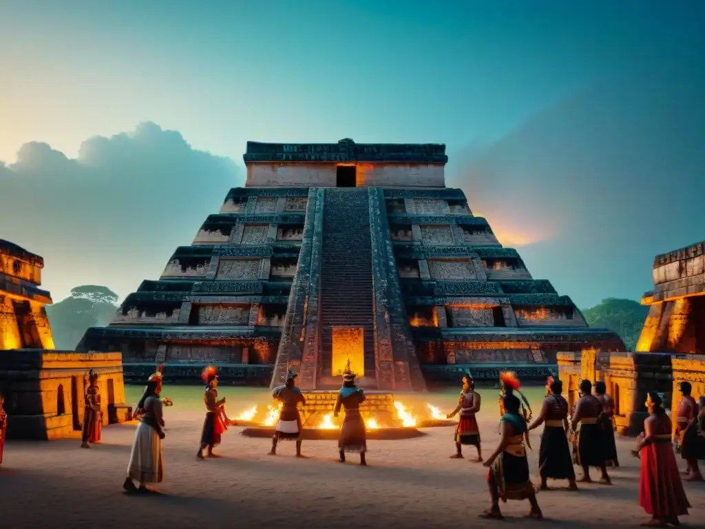 Escena misteriosa y ritual en templo maya: juego de pelota ceremonial con jugadores en trajes elaborados