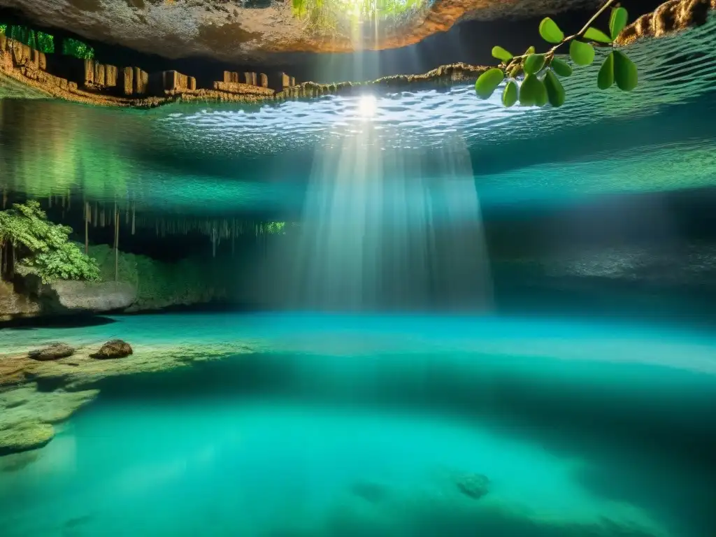 Altar maya en cenote: belleza mística y historia oscura Escena mística en un cenote maya con aguas turquesas y un altar de piedra, evocando los sacrificios humanos mayas cenotes
