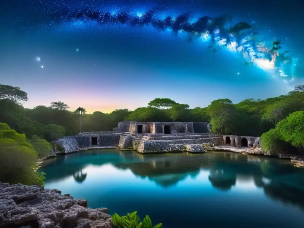 Escena mística: cielos estrellados, ruinas mayas y cenote reflejando la conexión maya con la astronomía