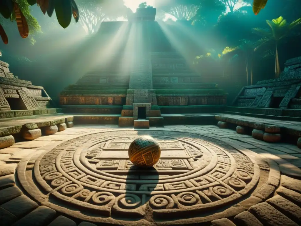 Escena mística del juego de pelota maya, reflejando su significado espiritual entre ruinas y selva frondosa