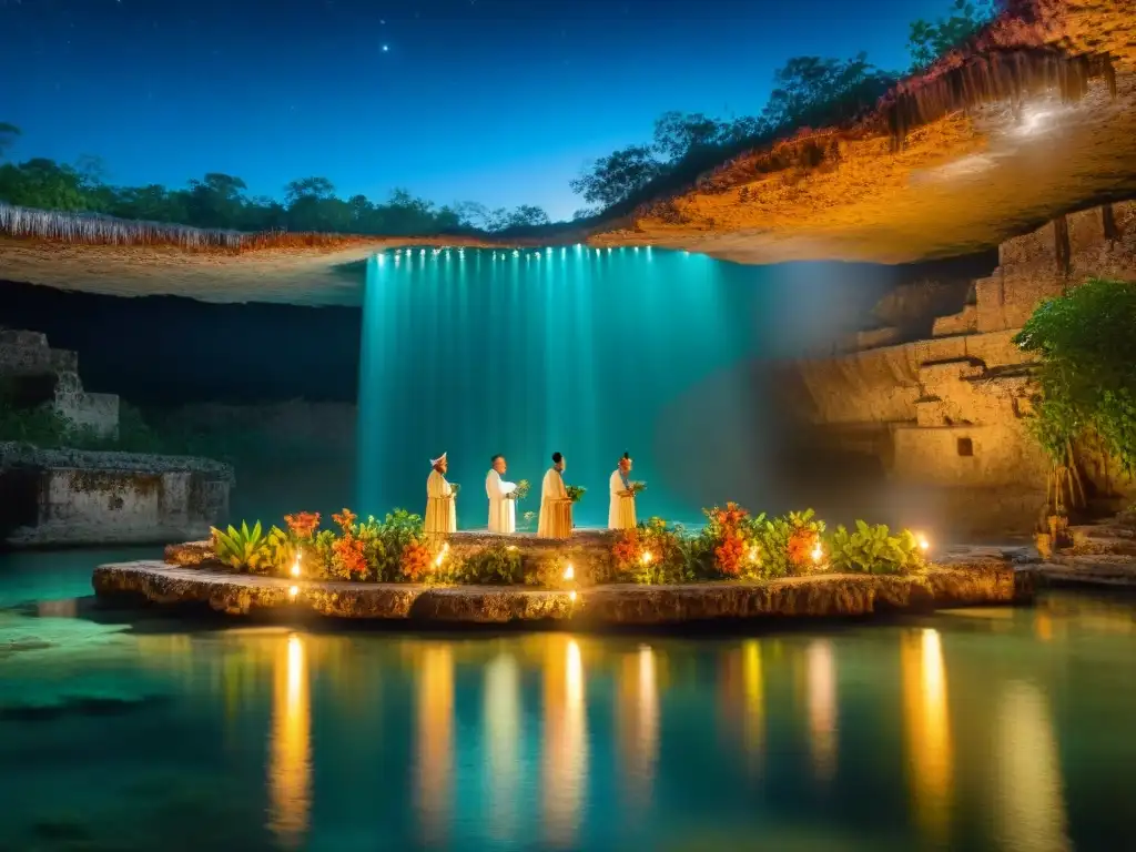 Una escena mística de sacerdotes mayas realizando un ritual en el borde de un cenote, con aguas cristalinas reflejando el cielo estrellado