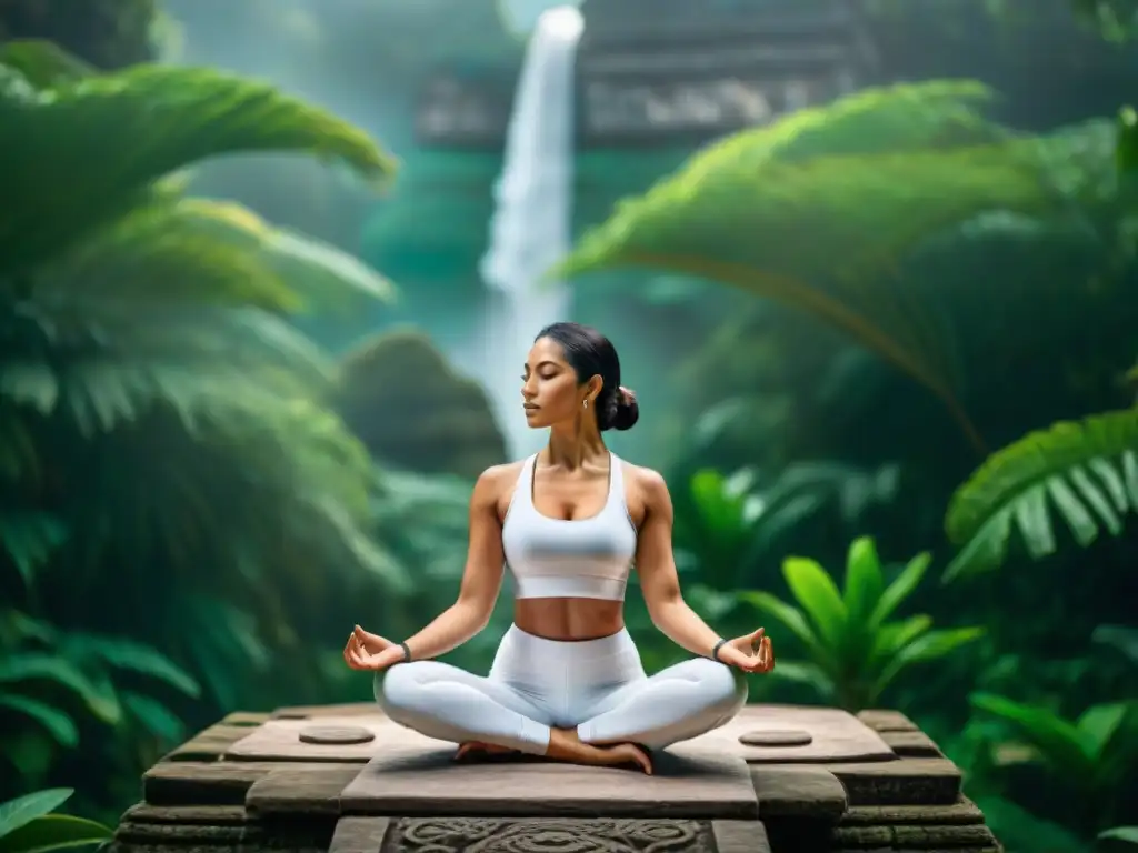 Escena mística: Templo maya en la jungla con yoga y meditación en Maya