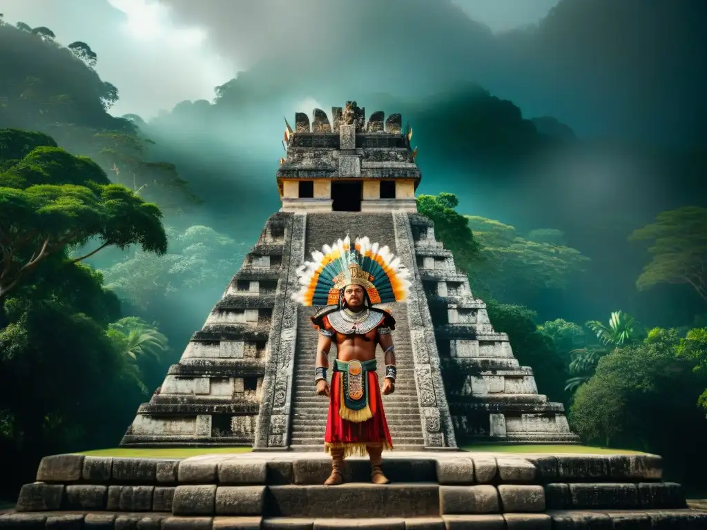 Escena de sacrificio humano en templo maya, con deidad Kukulkan, sacerdotes y testigos, mostrando prácticas culturales deidades mayas sacrificios