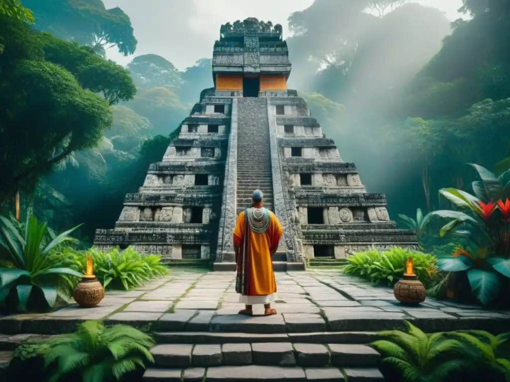 Escena sagrada de festividades mayas, con rituales, vestimenta tradicional y ciclos de vida y renovación en templo de piedra