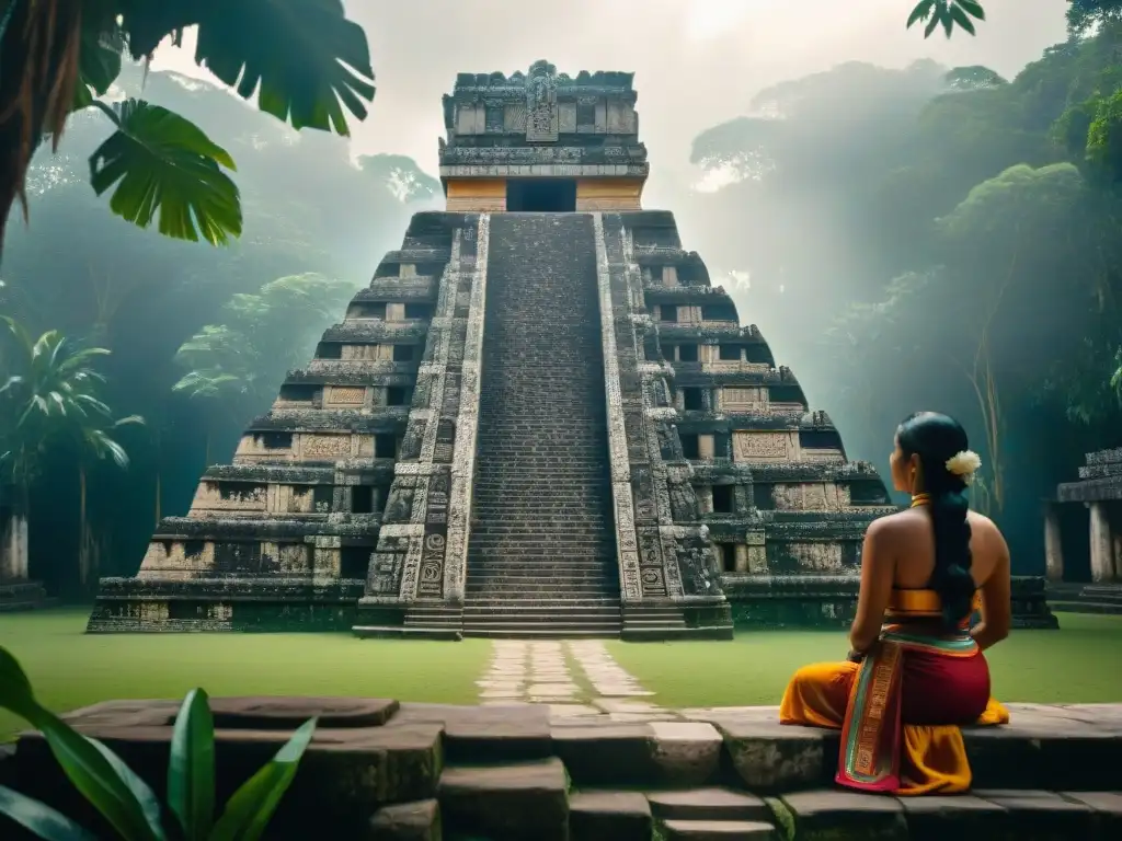 Una escena sagrada en la civilización maya: indígenas rezando ante un templo tallado en piedra, en medio de una exuberante jungla iluminada por el sol