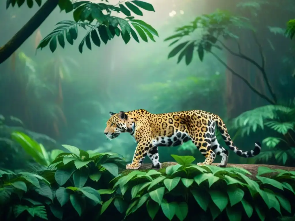 Escena serena en la jungla al amanecer, con un jaguar majestuoso entre la exuberante vegetación