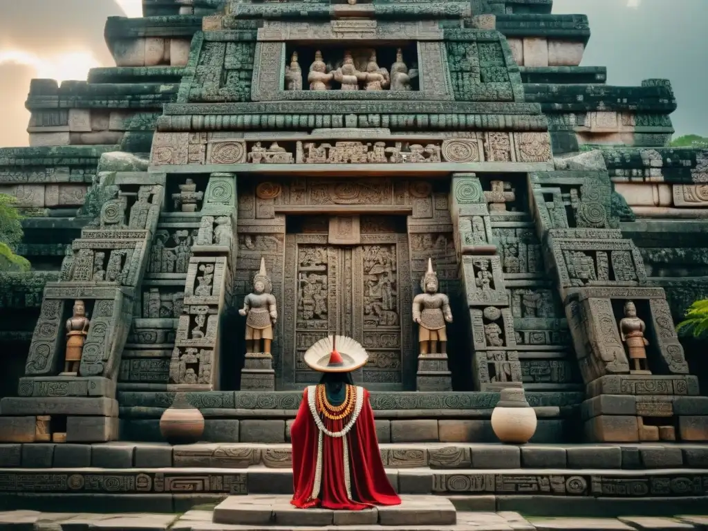 Escena tallada de Dios Bolon Dzacab y nobles mayas en ritual ante un templo majestuoso