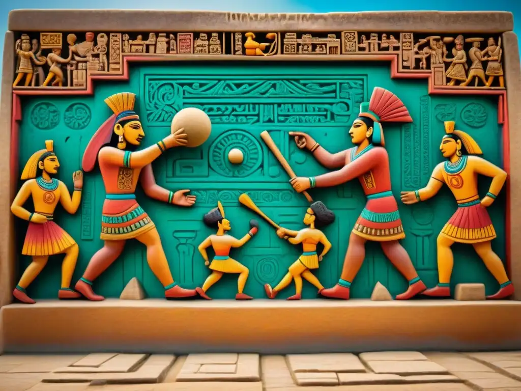 Escena vibrante del antiguo juego de pelota maya, resaltando la importancia histórica de la pelota en su cultura