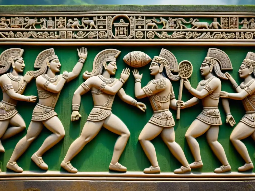 Escena vibrante de atletas mayas compitiendo en un juego de pelota, rodeados de espectadores y ornamentos mayas