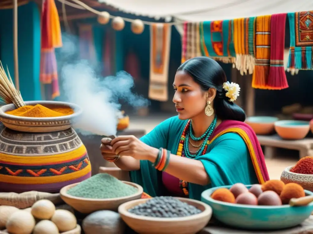 Escena vibrante en un bullicioso mercado maya, con mujeres emprendedoras en el comercio, rodeadas de textiles y cerámica colorida