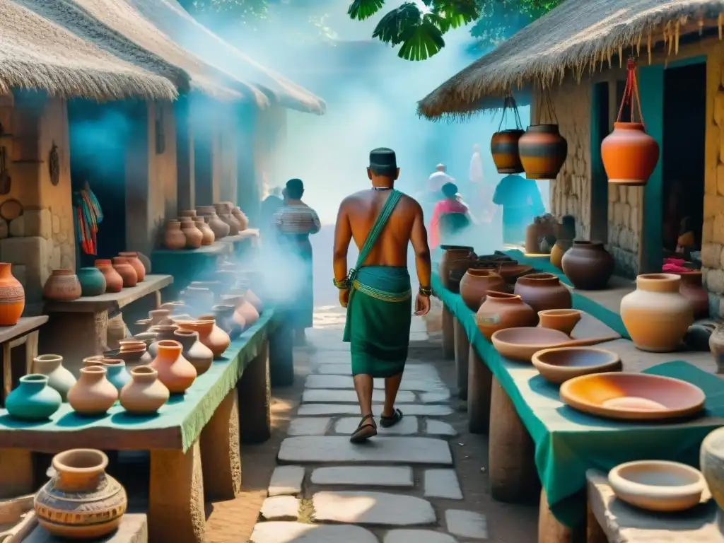 Escena vibrante de un bullicioso mercado maya con artesanos creando cerámica, textiles y joyas