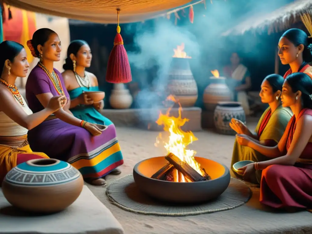 Escena vibrante de un bullicioso mercado maya con comerciantes vendiendo textiles coloridos y cerámica