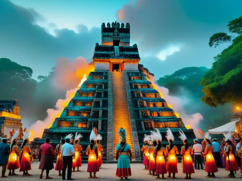 Una escena vibrante de celebraciones culturales en la civilización maya, con detalles intrincados y colores vibrantes en vestimentas y decoraciones