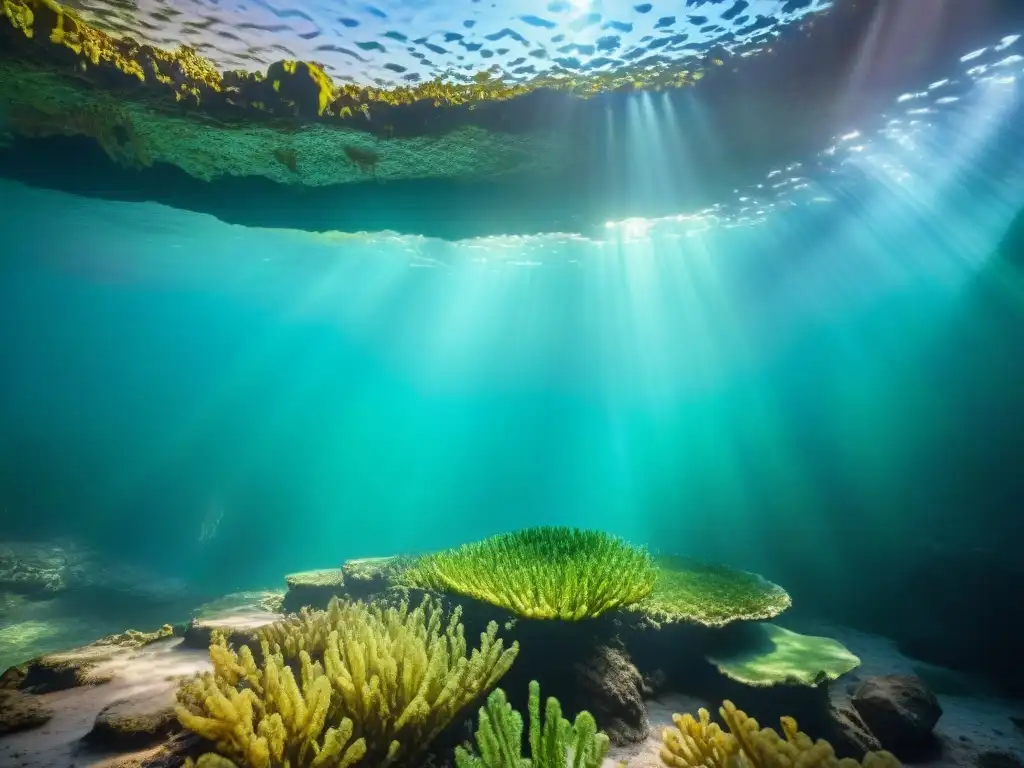 Escena vibrante en cenote maya con algas usadas en medicina maya