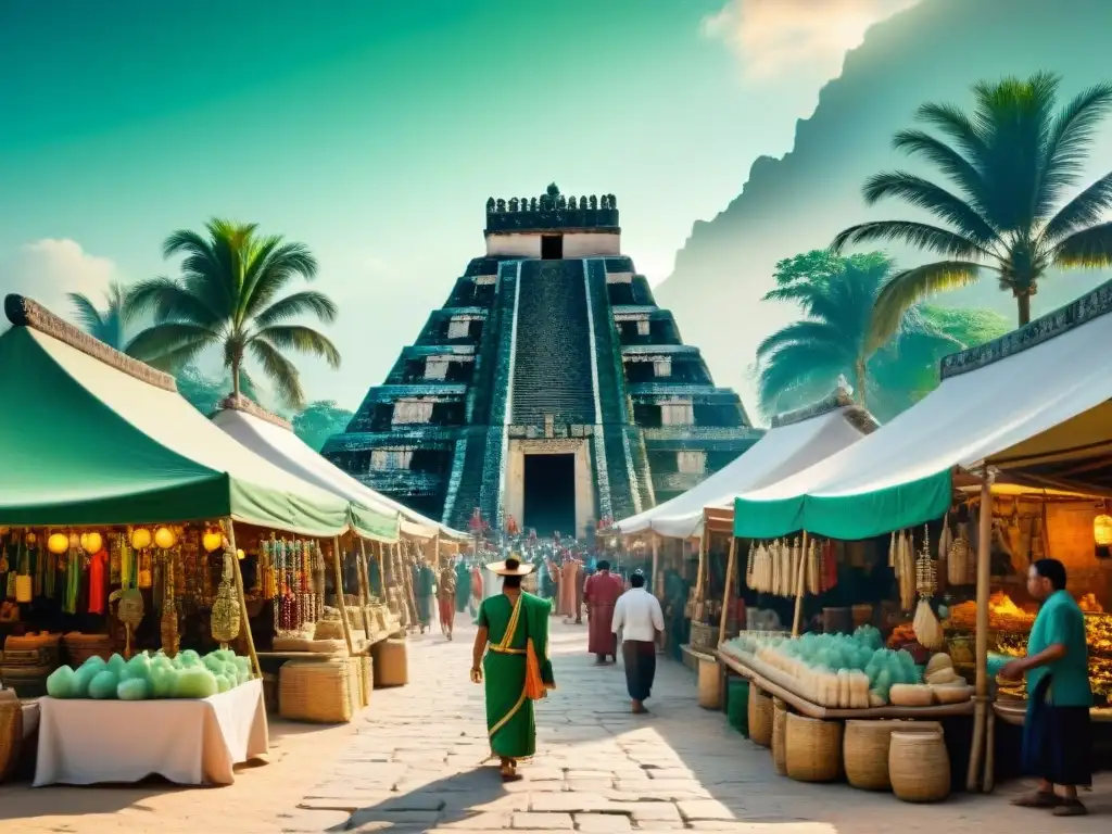 'Escena vibrante del comercio de jade maya, con traders y artefactos de jade, arquitectura y cultura rica en significado'