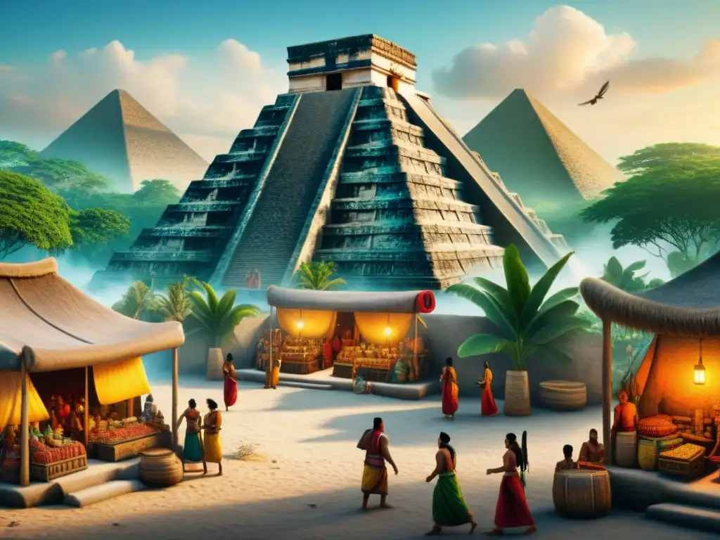 Escena vibrante de comercio en la civilización maya con comunicación entre mercaderes y detalles arquitectónicos intrincados