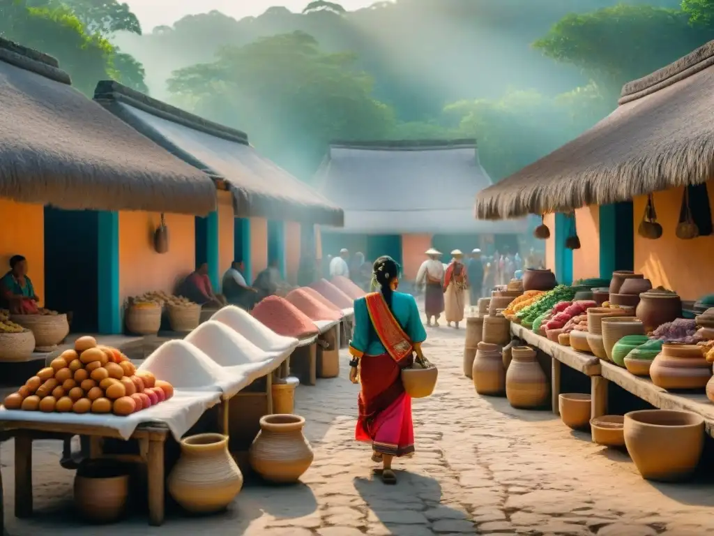 Escena vibrante de comercio de sal en mayas en un mercado maya, con colores vivos y detalles tradicionales