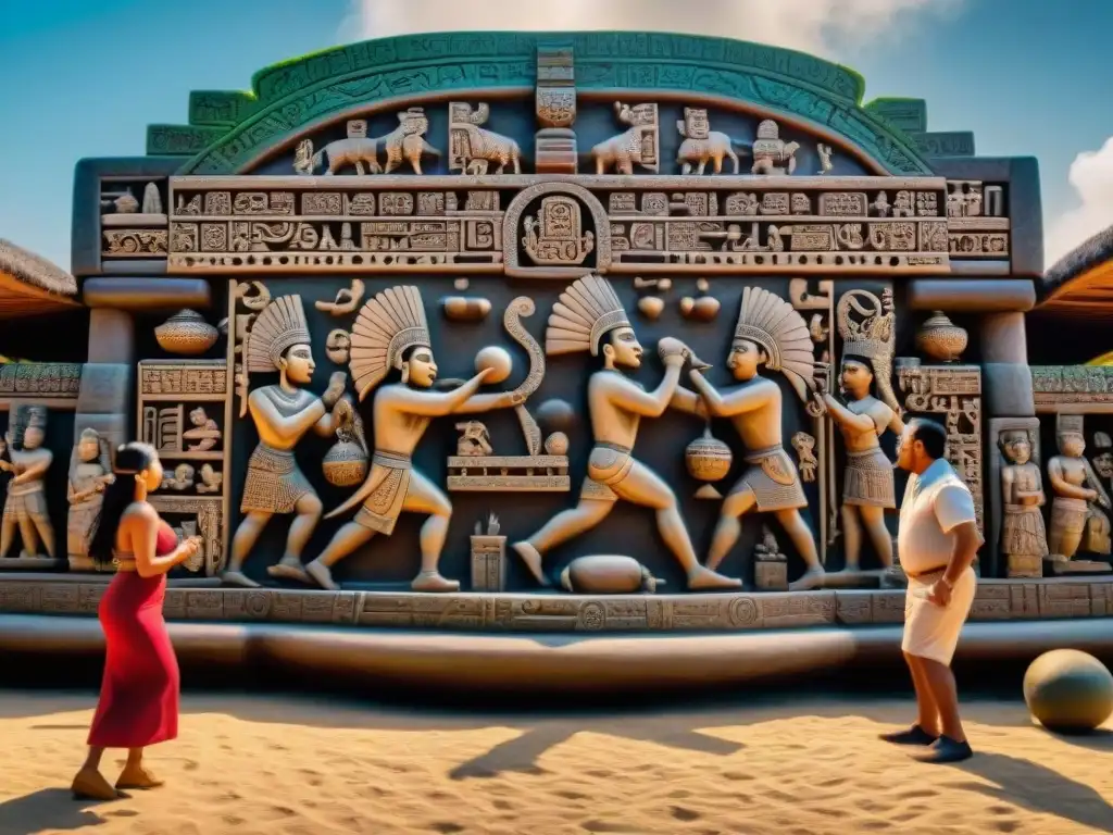 Escena vibrante del juego de pelota maya, con jugadores luciendo tocados elaborados y pintura corporal, rodeados de una multitud asombrada