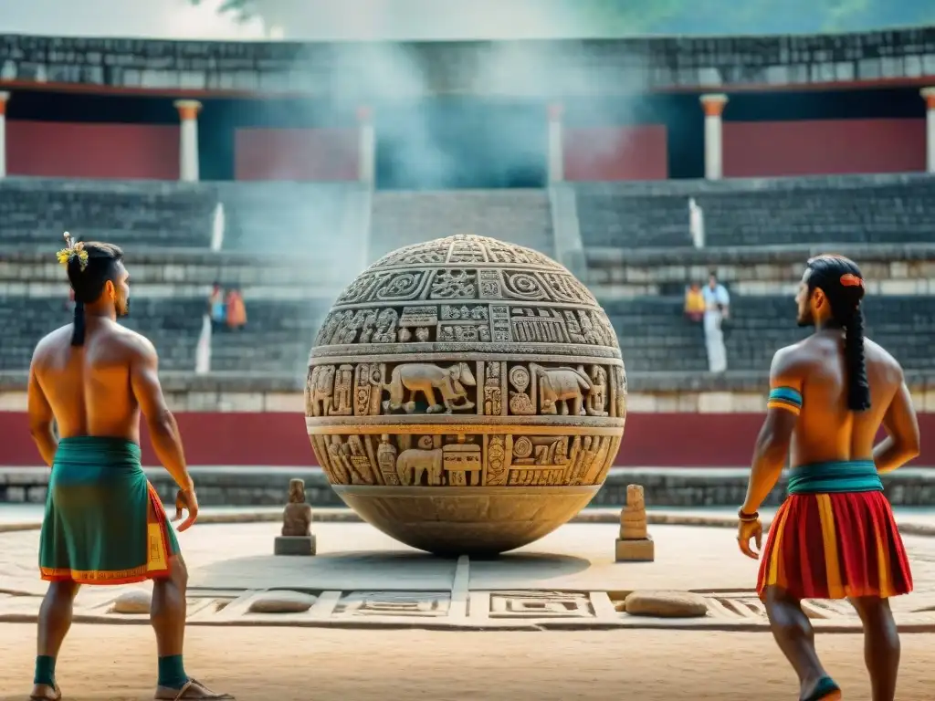 Escena vibrante del juego de pelota maya en una cancha grandiosa, fusionando arquitectura y deporte