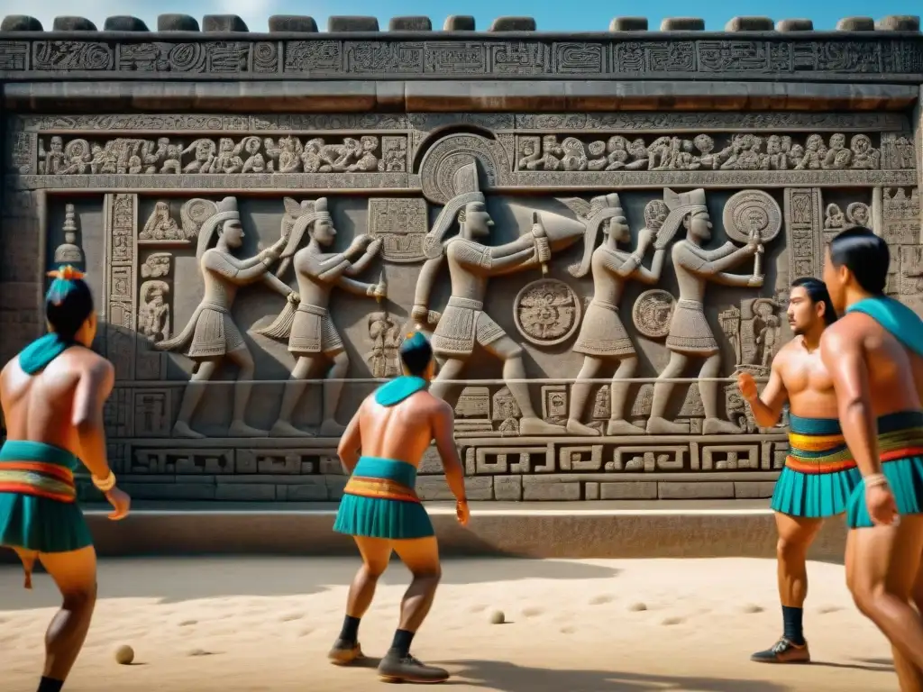 Escena vibrante del juego de pelota maya, destacando la importancia histórica de la pelota