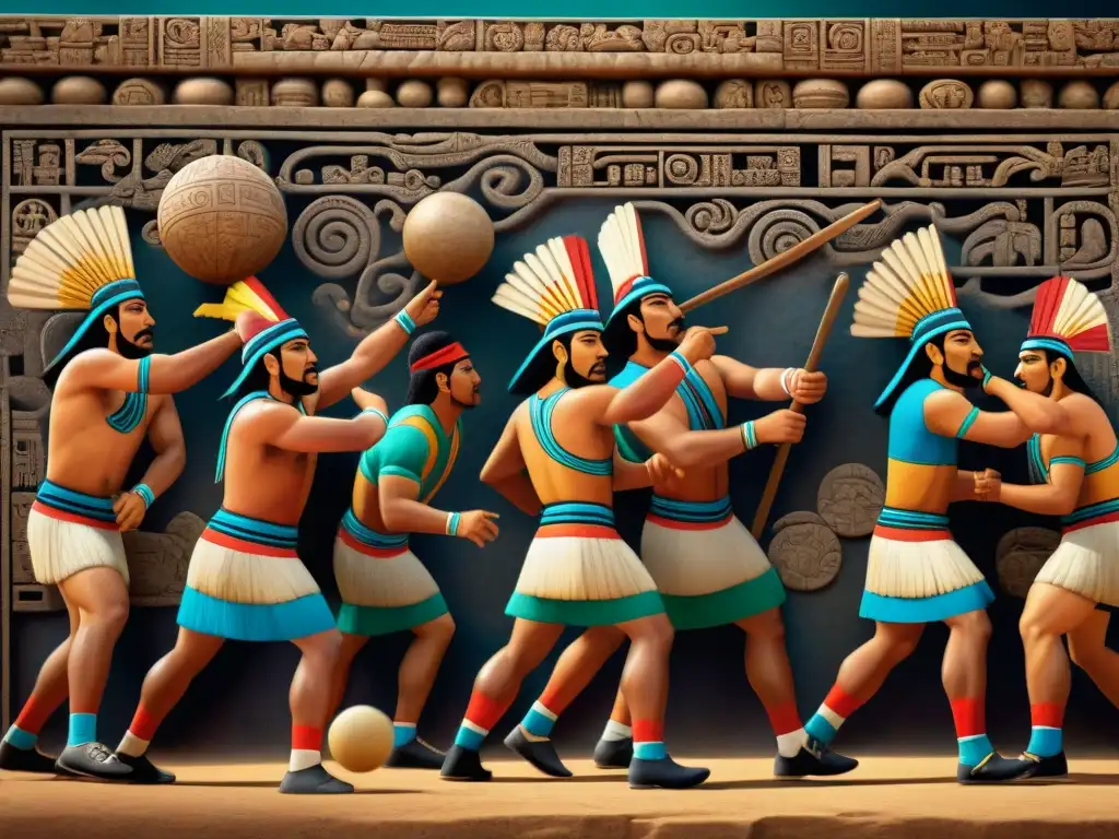 Escena vibrante del juego de pelota mesoamericano en un mural de piedra tallada, resaltando la importancia del juego