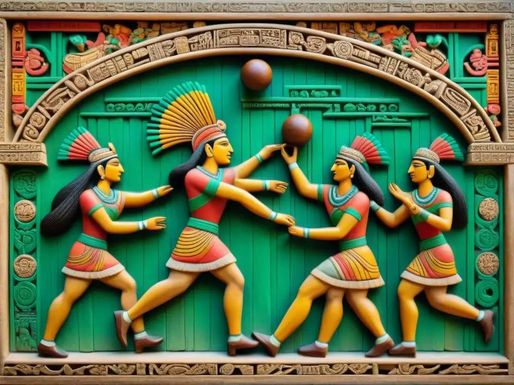 Escena vibrante del Juego de Pelota Maya en un gran campo, resaltando la importancia cultural y ritualística