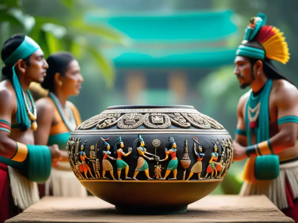 Escena vibrante de juego de pelota maya con competidores adornados y espectadores animados en escenario selvático