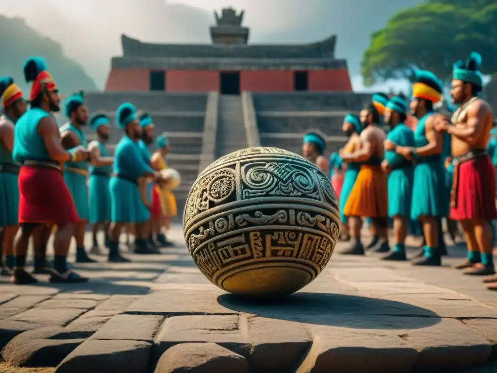 Escena vibrante del Juego de pelota mesoamericano maya con jugadores, espectadores y ciudad al fondo