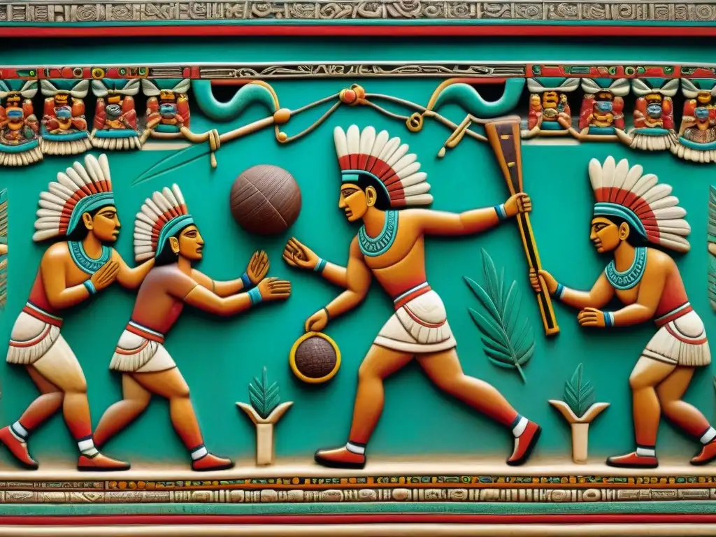 Escena vibrante de jugadores de pelota maya en juego ritual, demostrando la importancia ritual del deporte