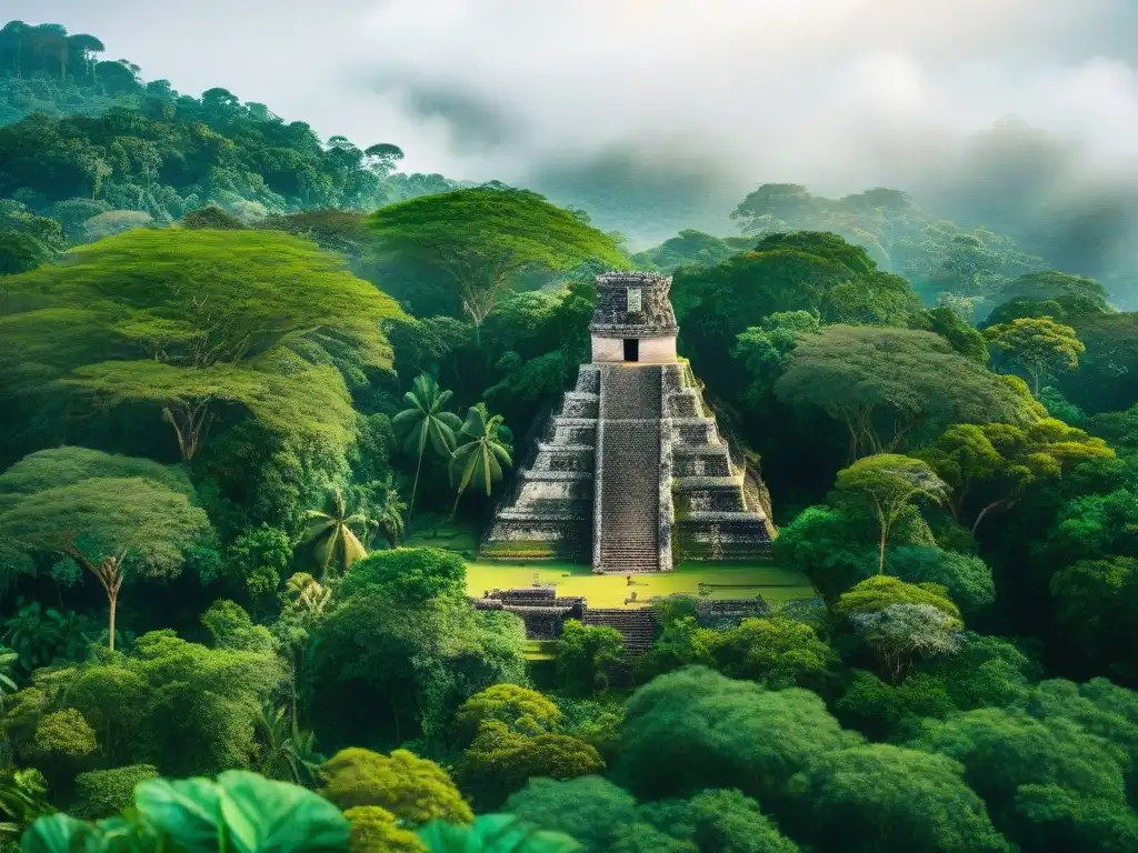 Escena vibrante de jungla maya con ruinas antiguas, conservación de flora, fauna y zonas arqueológicas