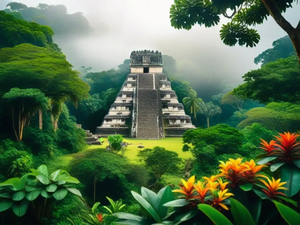 Escena vibrante de la jungla en sitio arqueológico Maya, resaltando biodiversidad y conservación flora fauna zonas arqueológicas