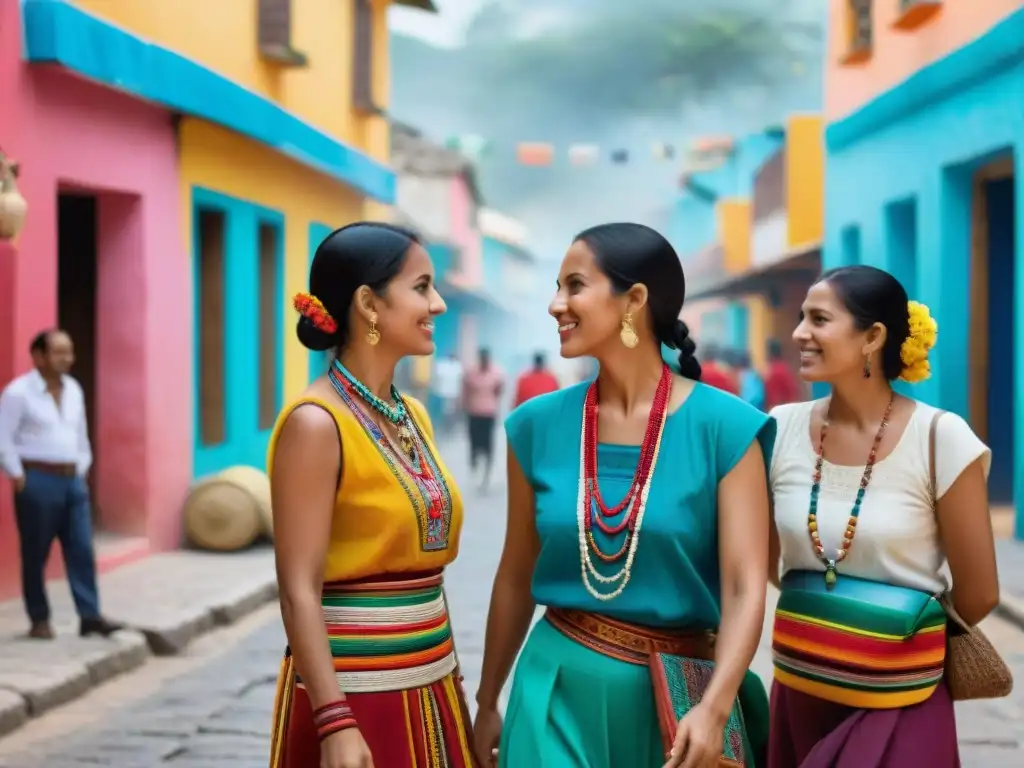 Escena vibrante en la Península de Yucatán con multilingüismo en acción: colores, mercado y arquitectura maya