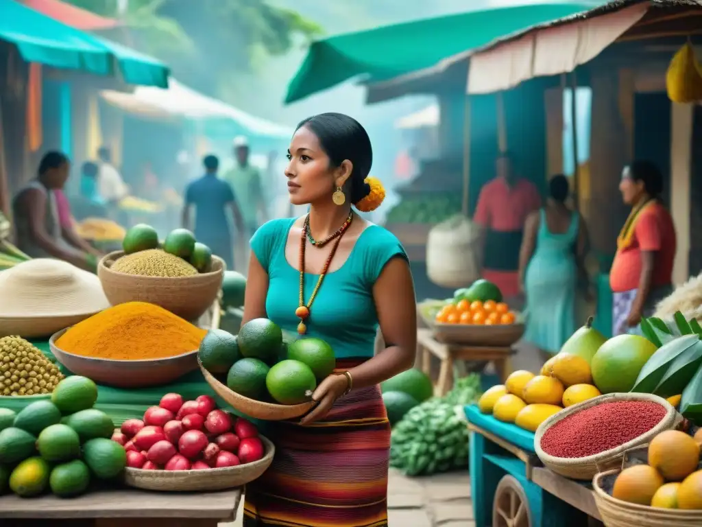 Una escena vibrante en un mercado caribeño en una comunidad maya, rebosante de colores y sabores