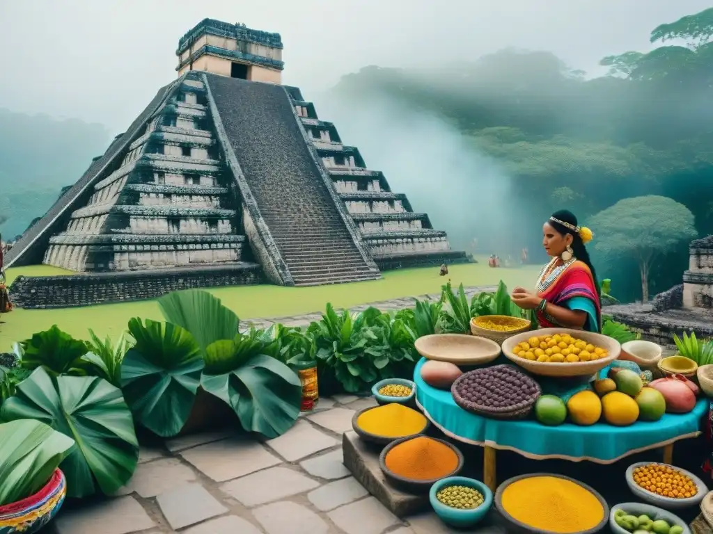 Escena vibrante de mercado en una ciudad maya, con rutas comerciales y economía circular